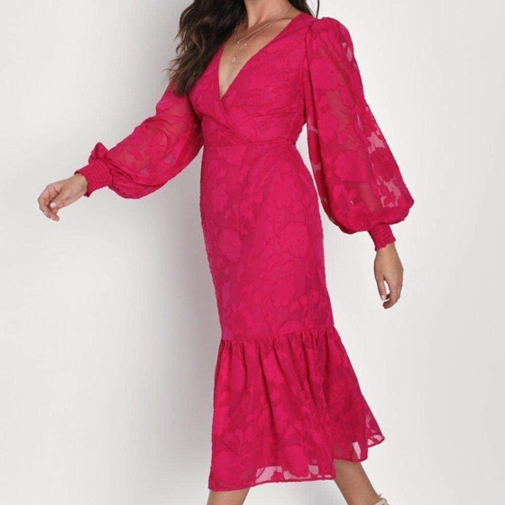 Lulus Women's Dress Floral Jacquard Mermaid Midi Berry Pink Medium $89